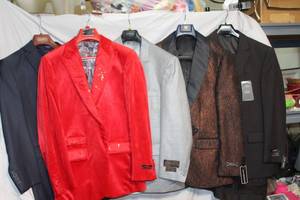 lot 291 image: Mens Clothes Insomnia red velvet, Vitali, DeZilino, Insomnia brown musicians jacket, Angelo Rossi 38S