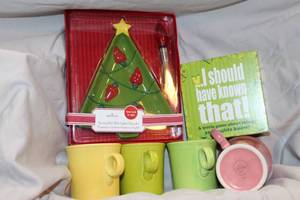 lot 299 image: Housewares Fiesta mugs, Christmas tree plate with blinking spreader, trivia game