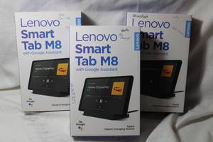 lot 223 image: (3) Lenovo Smart Tablets (1) has no charger, (1) has tablet and charger, (1) has tablet, charger and power cable, see pictures. Sold as is, working condition unknown.