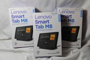 lot 224 image: Lenovo Smart Tablets (2) have tablet and chargers, (1) box has charger only, working condition unknown. Sold as is.