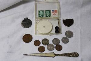 lot 229 image: Collector stamps and coins PLUS sterling letter opener. see pictures for markings.