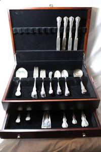 lot 215 image: Partial silverware set with box marked Towle Sterling Pat. Old Master. Most have engraved initials on the handles, See pictures