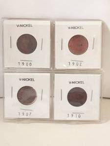 lot 58 image: Selection of V-Nickels - 1900, 1902, 1907, and 1910