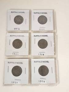 lot 64 image: Selection of Buffalo Nickels - 1918, 1920, 1923, 1928, 1929, and 1936