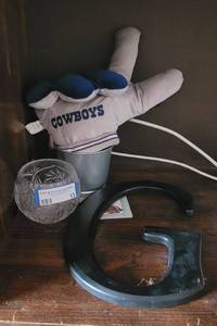lot 13 image: DECORATIVE G, GLASS CANDLE HOLDER, COWBOYS GLOVE AND MORE AS SHOWN.