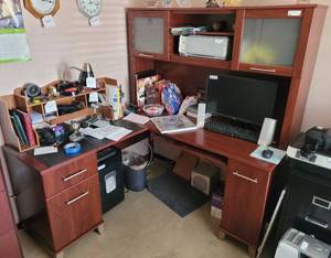 lot 44 image: L SHAPED DESK STATION WITH HUTCH IN STYLECOLOR SHOWN. CONTENTS NOT INCLUDED.