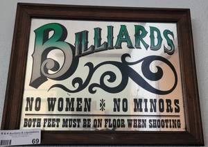 lot 69 image: BILLIARDS PUB STYLE 14 X 11 FRAMED MIRROR AS SHOWN.