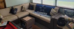 lot 75 image: SET OF PATIO FURNITURE WITH PILLOWS. CONTENTS NOT INCLUDED.