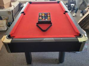 lot 80 image: POOL TABLE WITH BALL SET PLUS PING PONG TABLE TOP WITH ACCESSORIES AS SHOWN. APPROX. 84 X 48 TAKE A LOOK