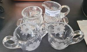 lot 105 image: GLASS CREAMER, SUGAR, AND MORE AS SHOWN.