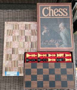 lot 113 image: VINTAGE CHESS GAME PLUS MARBLE CHECKERSCHESS BOARD AS SHOWN.