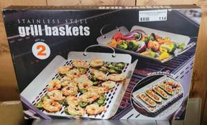 lot 114 image: STAINLESS STEEL GRILL BASKETS IN BOX AS SHOWN.