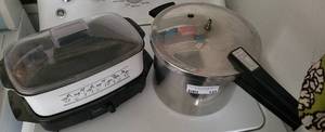 lot 145 image: PRESSURE COOKER POT AND CASSEROLE AS SHOWN.