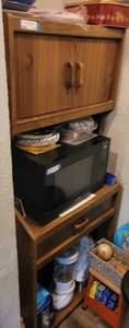 lot 152 image: KITCHEN MICROWAVE STAND WITH HUTCH IN STYLE SHOWN. APPROX. 66 X 28 X 20 CONTENTS NOT INCLUDED.