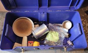 lot 159 image: PLASTIC FOOTLOCKER CONTAINER WITH CAMPING ACCESSORIES AS SHOWN.