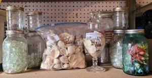 lot 174 image: LOT OF CANNING CANS WITH DECORATIVE SHELLS AS SHOWN.