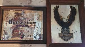 lot 199 image: (2) PUB-STYLE BUDWEISER AND HARLEY-DAVIDSON MIRRORS AS SHOWN.