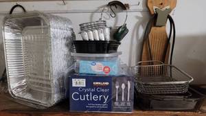lot 268 image: FOIL PANS, CUTLERY, AND MORE AS SHOWN.