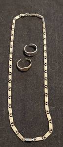 lot 251 image: SILVER NECKLACE AND RINGS AS SHOWN.