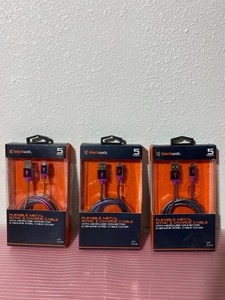 lot 32 image: Lot of 3 - New Black Web Flexible Metal SYNC & Charge Cable With Micro-USB Connector & Genuine Steel Cable Cover 5 Foot