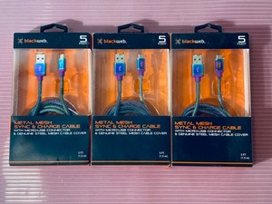 lot 72 image: Lot of 3 - New Black Web Metal Mesh 5 Foot SYNC & Charge Cable With Micro-USB Connector & Genuine Steel Mesh Cable Cover