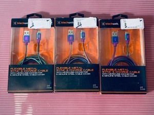 lot 73 image: Lot of 3 - New Black Web Flexible Metal SYNC & Charge Cable With Micro-USB Connector & Genuine Steel Cable Cover 5 Foot