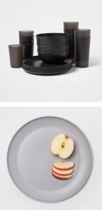 lot 128 image: Lot of 44 - New Room Essentials Dinnerware - (24) 10.5 Plastic Dinner Plates - Gray & (20) Plastic Dinnerware Set - Black