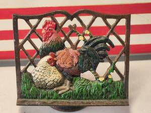 lot 138 image: Cast Iron Rooster and Chicken cookbook holder