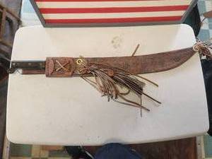 lot 154 image: Vintage machete and leather sheath - Panama - machete is made by Ontario knife Co.
