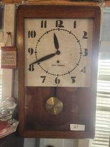 lot 167 image: Antique Seth Thomas wall clock with key and pendulum