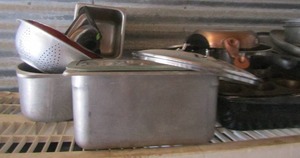 lot 32 image: roasting pan, strainer, sauce pans and more
