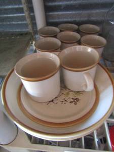 lot 38 image: sconecresc hand painted in korea dish set includes 2 salad bowls, 8 coffee cups, and 1 small saucer