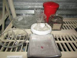 lot 40 image: large lot of clear glass canisters,divided bowls and more