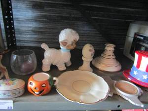 lot 49 image: household dcor, franklin coin bank, sheep perfume bottle, rose trinket, deer, Texas shaped drink coaster