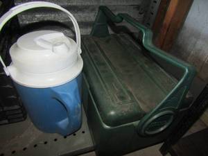 lot 57 image: stainley green handled lunch box, blue igloo drink cooler