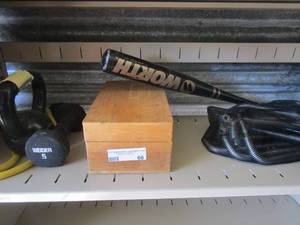 lot 66 image: 5 pound weight, 10 pound weight, rubber workout band, worth bat and more