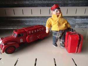 lot 87 image: vintage tintoy needs batteries suitcase rolls and walks with the guy, texaco gas truck bank