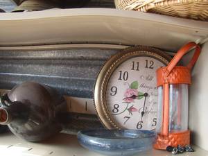 lot 94 image: Brown handled 1 gallon glass jug, oval wall rose clock and more