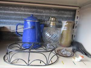 lot 95 image: BLUE SPECKLED Covered pitcher   ,base of a lamp withot shade, hand, handmade flower vase and more