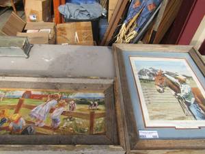 lot 105 image: wooden painting of children playing on a farm 25x12, 23 34x 19 mules haircut photo by dyrk godley