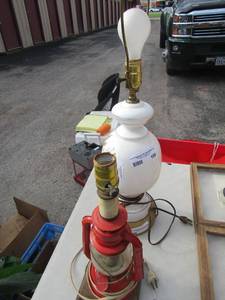 lot 109 image: red lantern 14 tall, white bedside lamp no shade