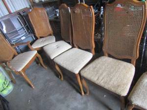 lot 119 image: 6 high back wooden with wicker back kitchen chairs with one captains chair qty 6 has minor damages