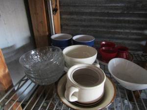 lot 123 image: cereal and soup bowls, correll saucers, clear glass bowl, blue world market bowls qty4