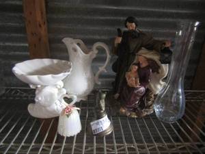 lot 126 image: brass bell,single rose vase, fish soap dish, white candle water picture