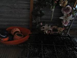 lot 133 image: wide variety holiday lot, Halloween yard lights and fencing, jackolanter, and a floral wreath
