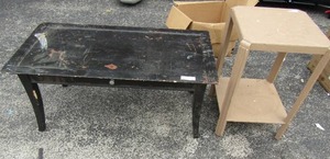 lot 142 image: 18x39 12x20 one drawer black coffee table, 25x16x16 outdoor table plate stand