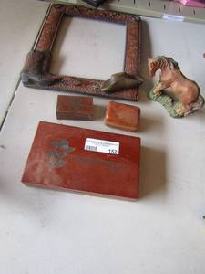 lot 152 image: john wayne box with a card holder, pen and a key chain 13x11 cowboy picture frame, 2 mini wooden boxes, jubu horse statue dcor