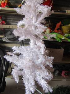lot 21 image: 3 12 ft small white Christmas tree and a wreath box of Christmas bulbs