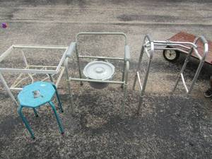 lot 164 image: Fold up walker, potty chair for bedside use or camping use, small metal table no top, small green stool metal