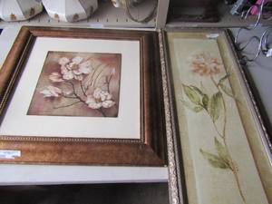 lot 169 image: Catherine white framed flower art 27x26, peony framed flower art 39x15